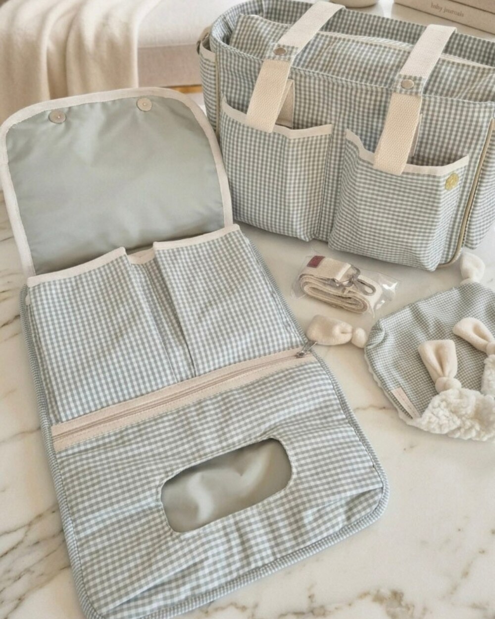 Kit Bolsa Maternidade Xadrez Sálvia